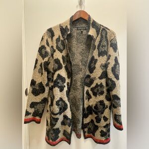 Joseph A Black and Cream Leopard Cardigan with Red Trim / Size: Small